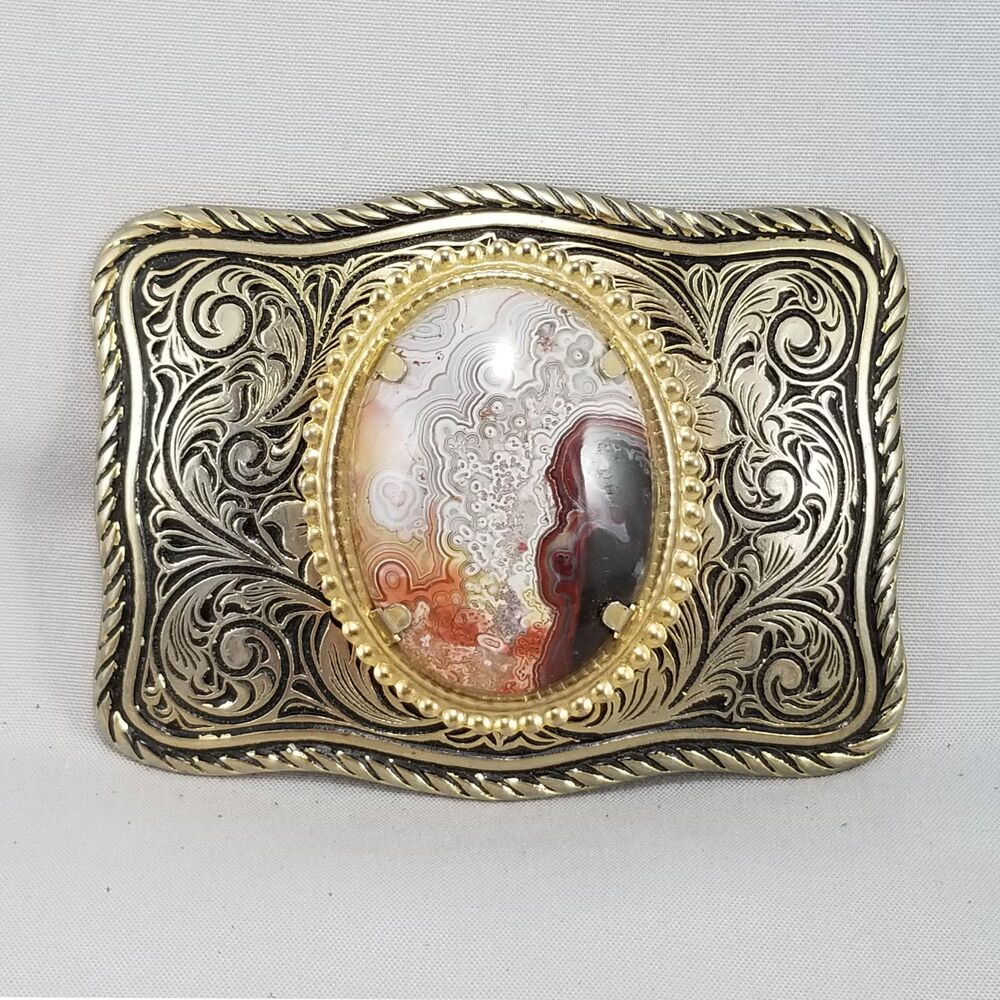 Vintage Style Agate Belt Buckle, Western Engraved with Natural Stone